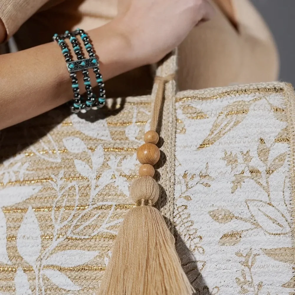 Jute Shoulder Floral Bag Beige NWT - Picture 8 of 16